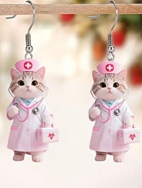 Cute Pink Cat Nurse Earrings - Charming Pet-Themed Jewelry